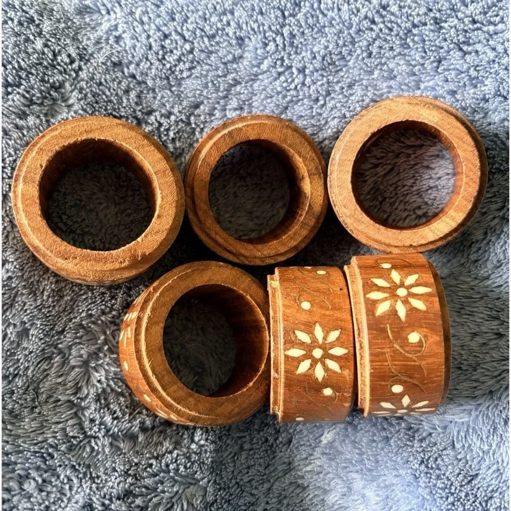 Vintage Wood With Inlaid Brass & Bone Napkin Rings Floral Pattern Set Of 6